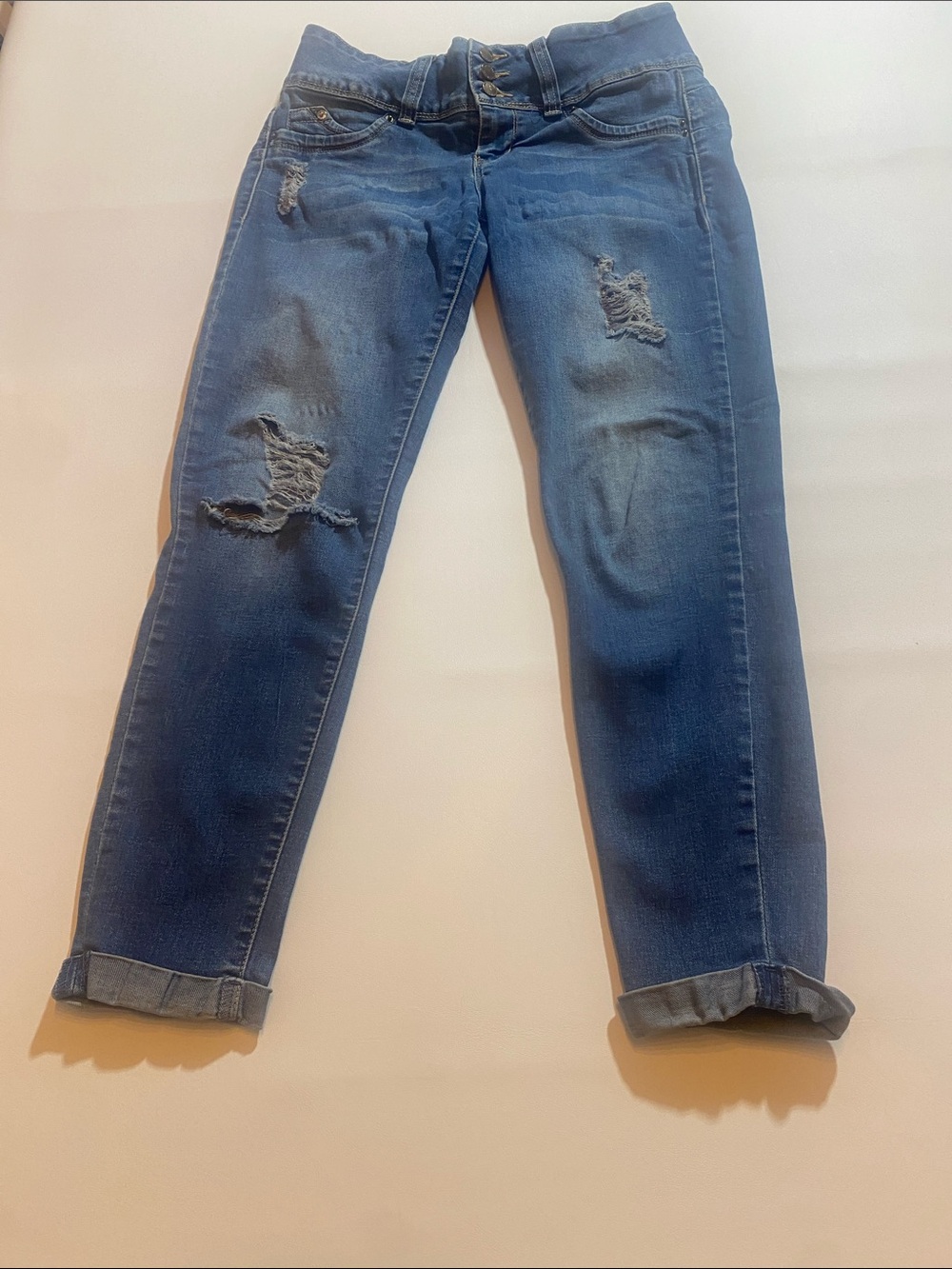 Distressed Straight-Leg Women’s Jeans in Blue. WannaBettaButt?